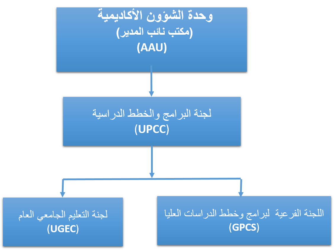 لجان الجامعة للبرامج والخطط الدراسية التي ترفع التقارير لنائب مدير الجامعة للشؤون الأكاديمية